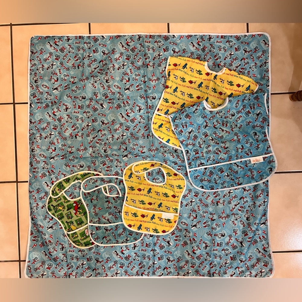 Dr. Seuss baby bibs, floor splat mat, and toddler bibs or smock!